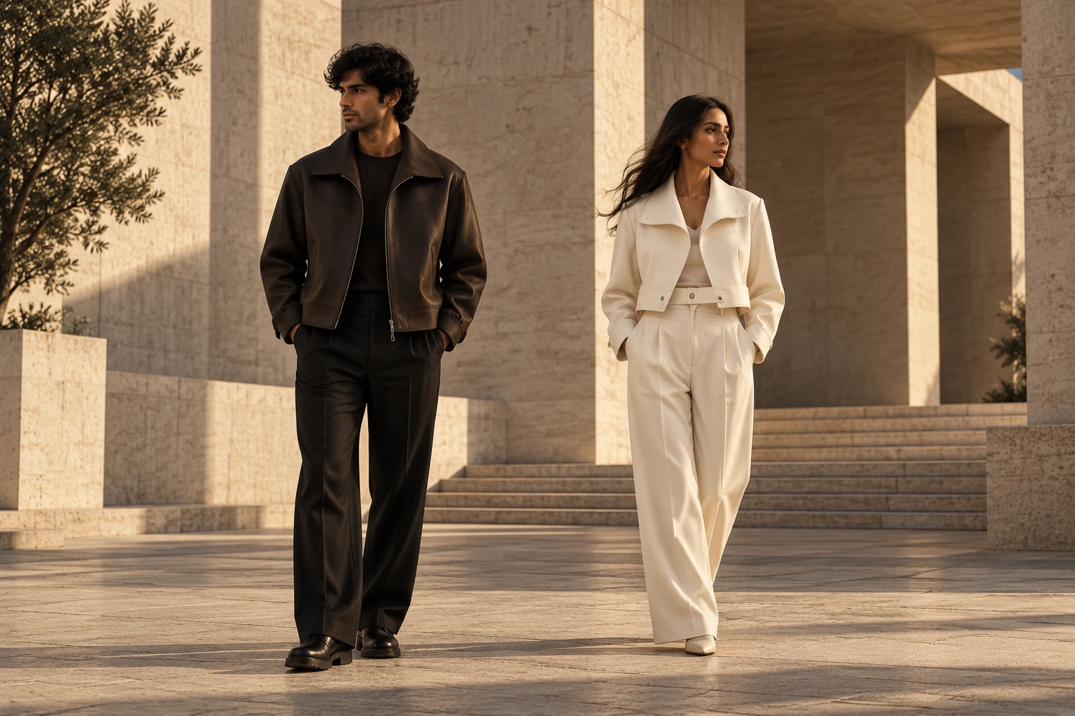PALESSI campaign: male model in the espresso Monolith jacket and female model in the ivory Lume jacket in a sunlit stone courtyard